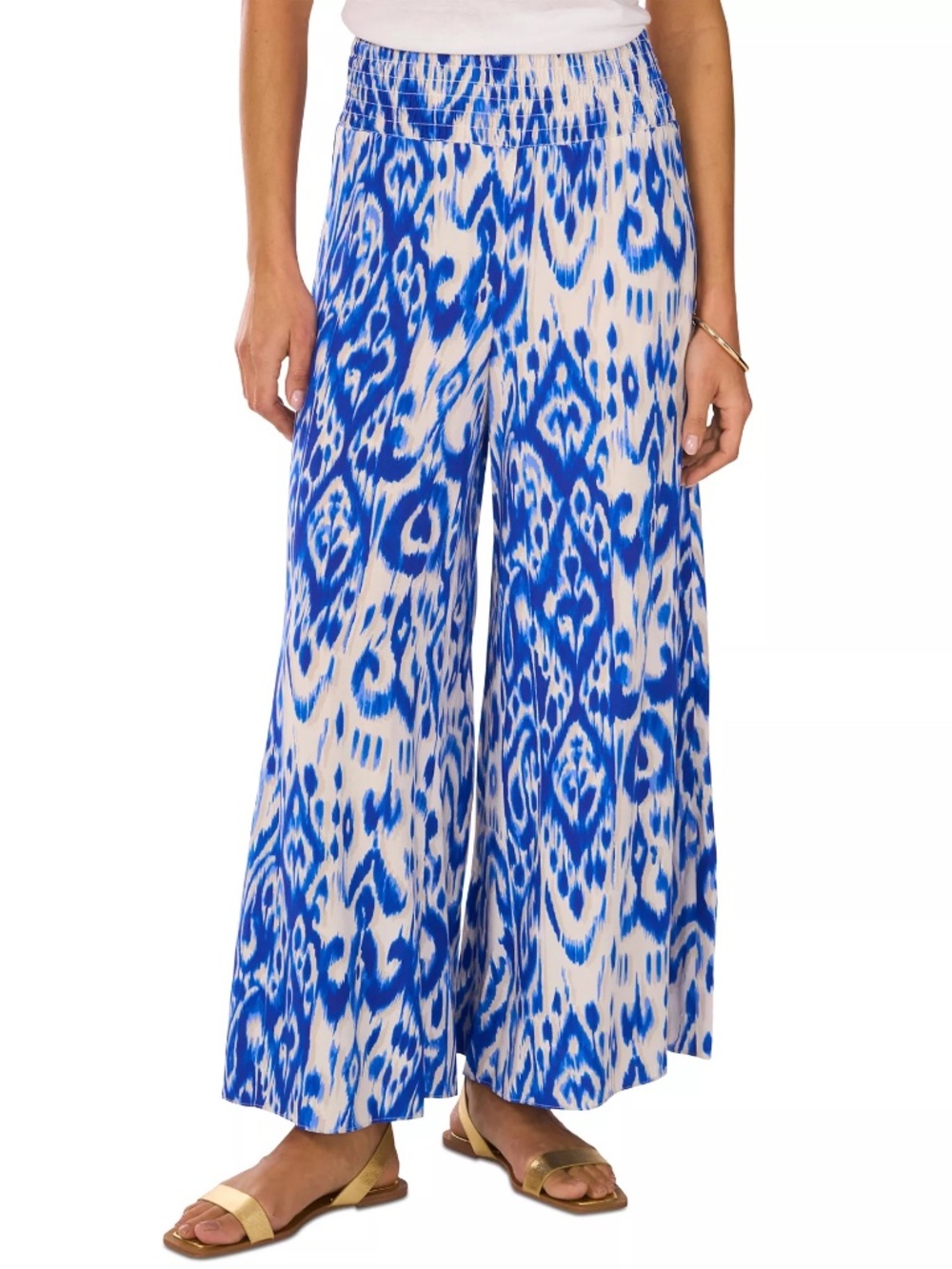 Vince Camuto Women's Ikat-Print Smocked-Waist Pull-On Wide-Leg Pants Sz XL